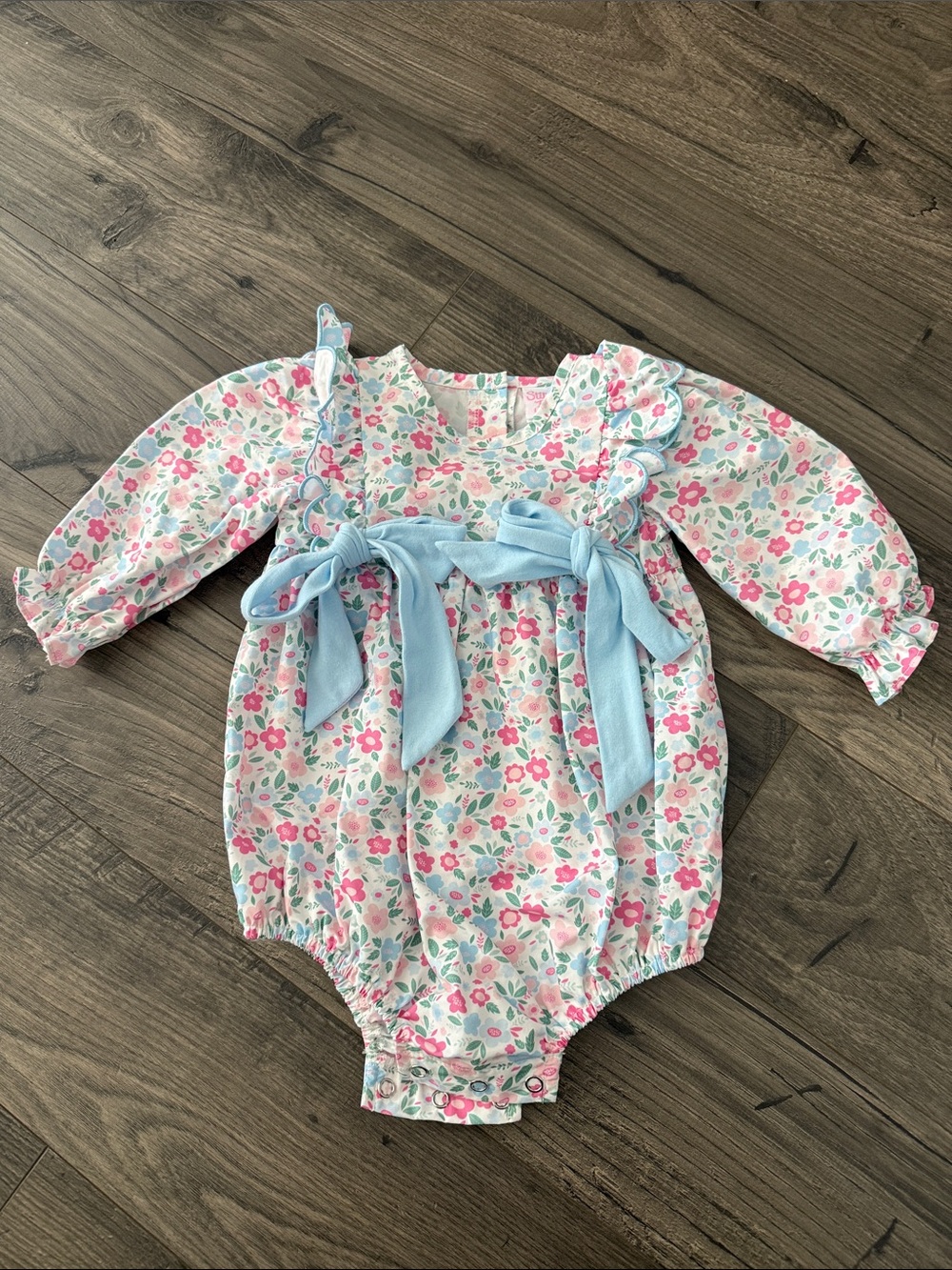 NEVER WORN Floral Baby One-Piece with Light Blue Bow Accents